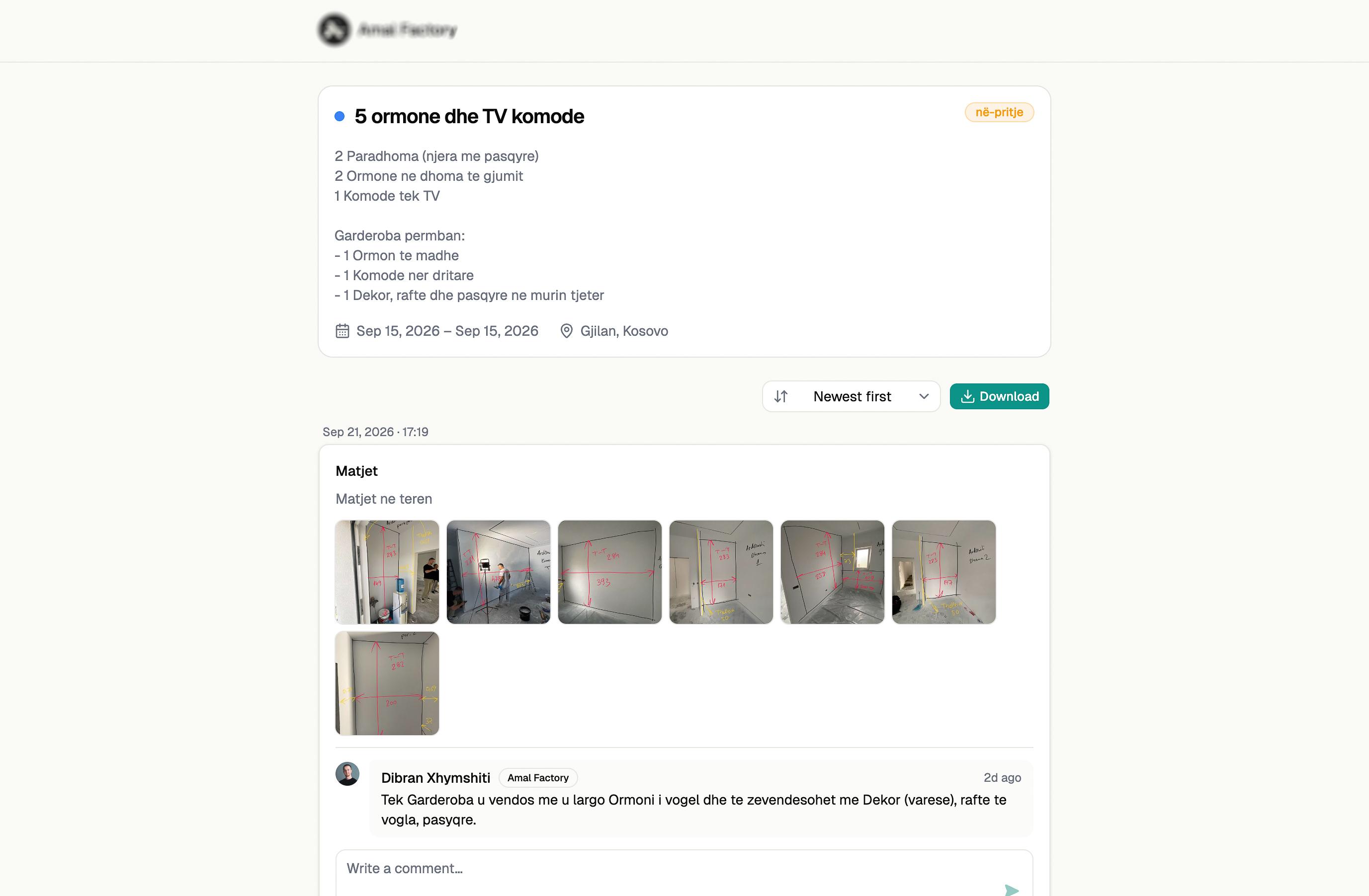 The worch customer portal, showing a project's scope, site photos and a comment thread.