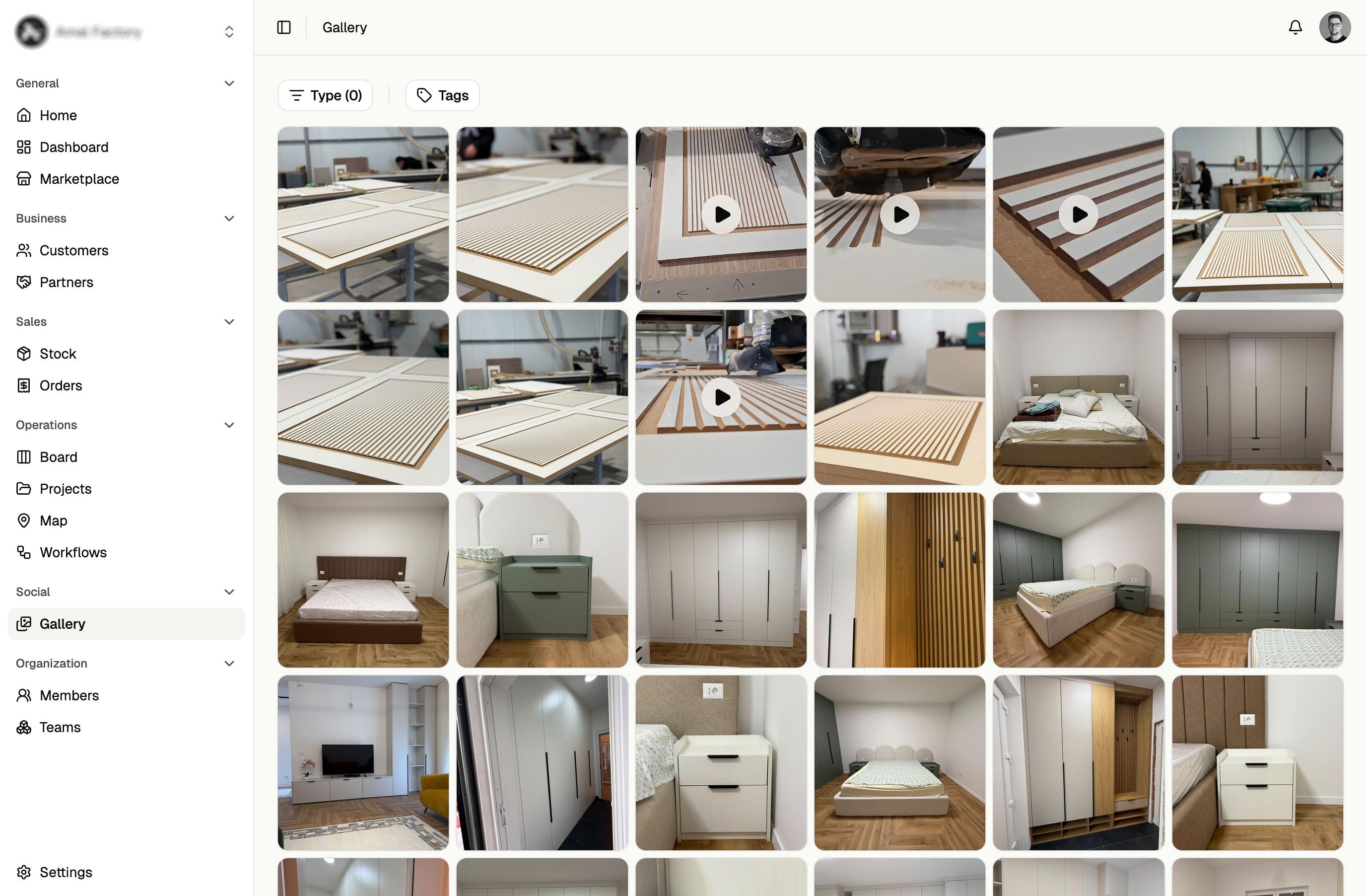The worch gallery, a grid of photos and videos from production and finished installations.