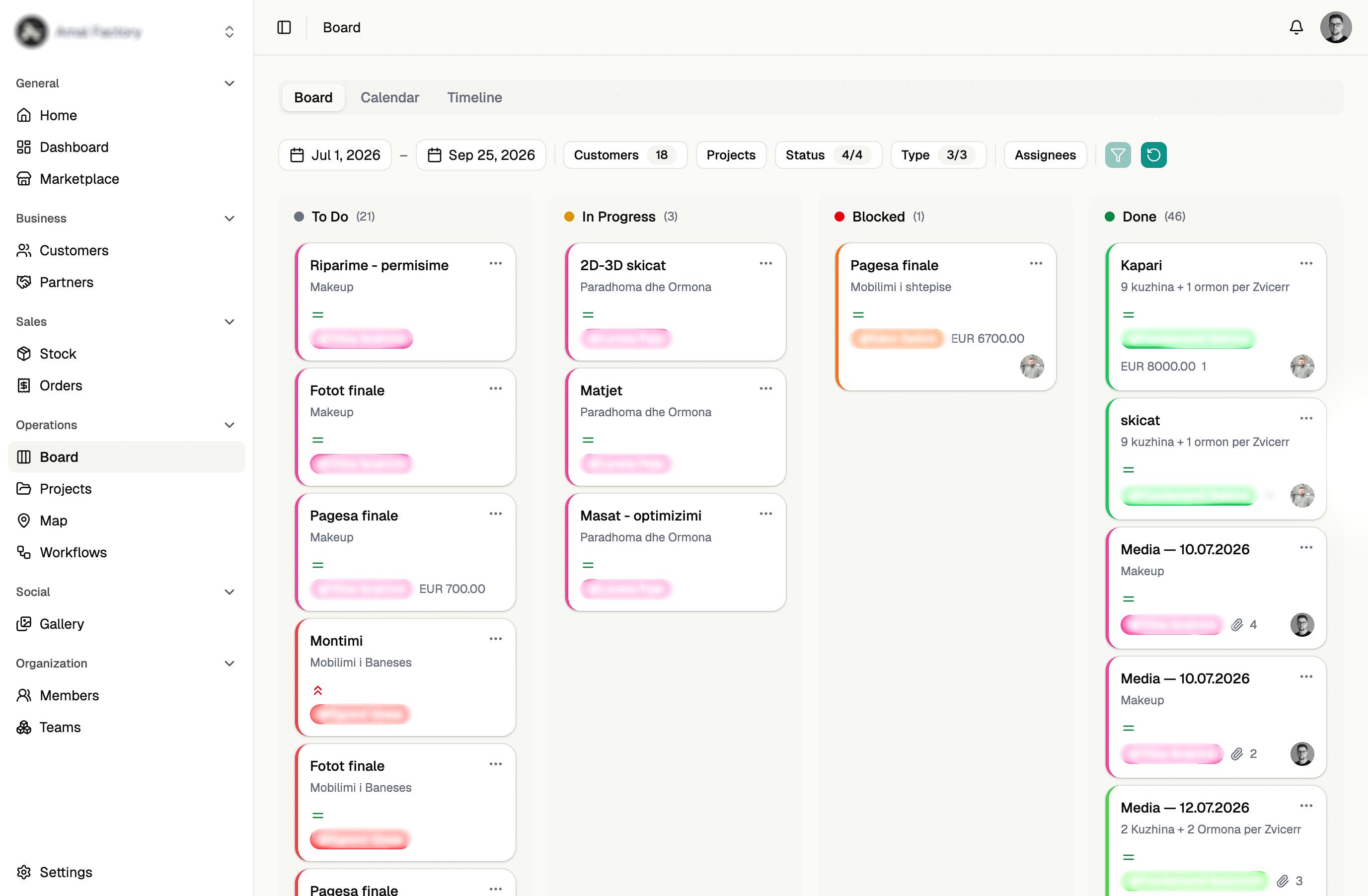 The worch board, showing task columns for to do, in progress, blocked and done across all projects.