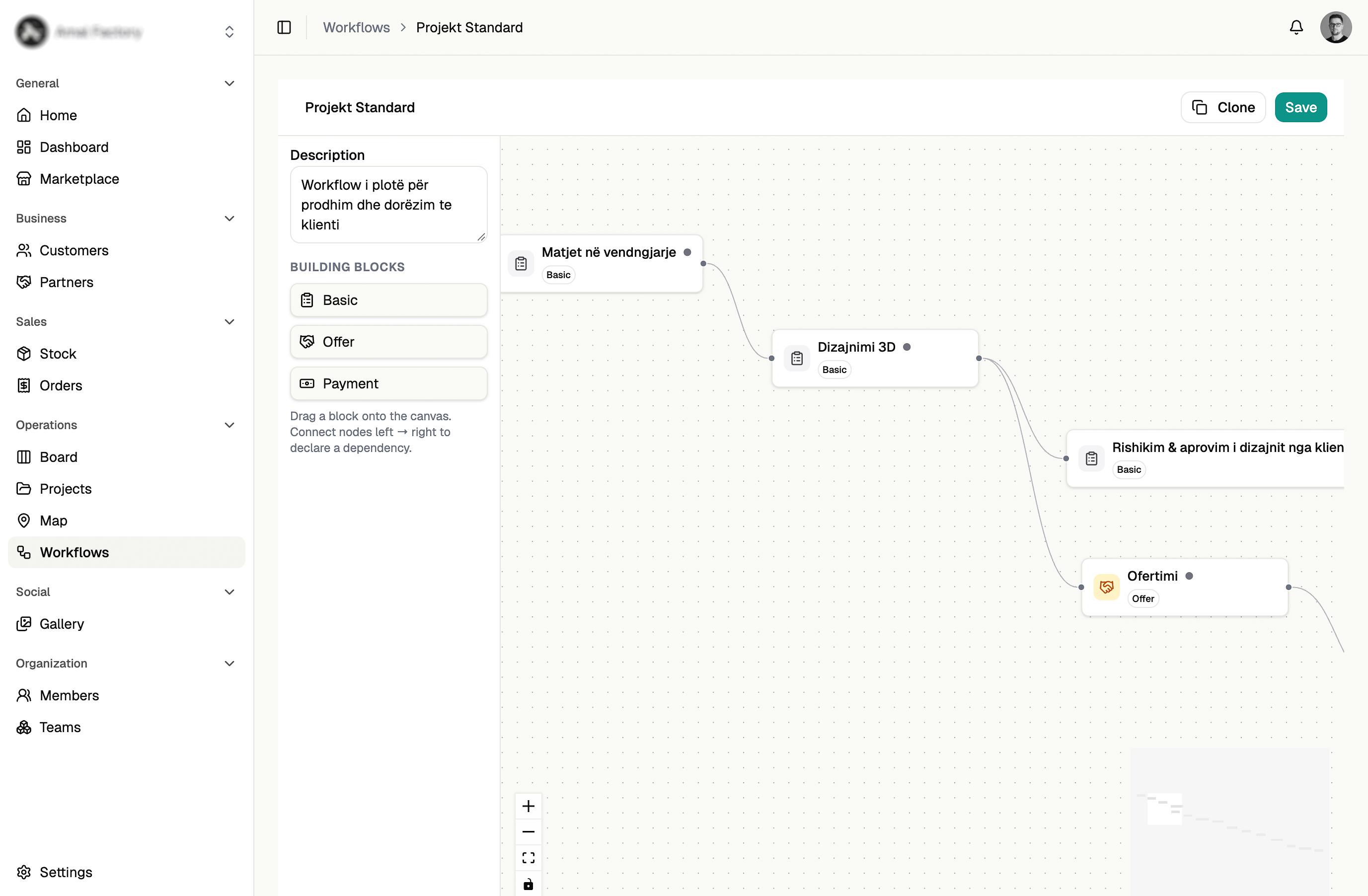 The worch workflow builder, with process steps connected left to right on a canvas.